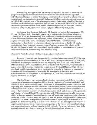 Emotions in Intercultural Communication                                                   13


        Conceptually we suggested that ER was a gatekeeper skill because it is necessary for
people to manage inevitable intercultural conflict and that once emotions were regulated
individuals could engage in critical thinking and assimilation of new cognitive schemas that aid
in adjustment. Various outcomes across all studies supported this contention because, as shown
in Table 2, ER predicted most of the adjustment measures relative to the other ICAPS scales. In
addition, hierarchical multiple regressions indicated that ER accounted for most of the variance
in various adjustment outcomes when entered first in the regression; the additional variance
accounted for by OP, FL, and CT was always negligible (Matsumoto et al., 2003).

        At the same time the strong findings for ER do not argue against the importance of OP,
FL, and CT. Theoretically these skills make sense in understanding intercultural adjustment.
Thinking out of the box and examining rival hypotheses to understand uncommon behavior,
which is necessary in intercultural adjustment, cannot occur without CT. Assimilation of new
cognitive schemas of the world cannot occur without OP and FL. That the empirical
relationships of these factors to adjustment indices were not as strong as that for ER may be
related to their factor order and lower proportion of variance accounted for relative to ER.
Despite this fact these scales still emerged with significant betas in a number of the regression
analyses including ER, demonstrating their predictive utility.

Personality Traits Associated with Intercultural Adjustment Potential

         In our previous studies we also examined correlations between each of the ICAPS scores
with personality dimensions (Table 3). The ICAPS scores converge with a number of personality
dimensions. For example, correlations with the personality traits of the Five Factor Model
(Matsumoto et al., 2004) indicated that ER was correlated with Neuroticism, which measures a
person’s inability to regulate emotion in a normal fashion (Costa and McCrae, 1992). OP was
correlated with Openness because it was constructed to be similar to Openness as measured in
tests of the big five dimensions of personality. FL was negatively correlated with
Conscientiousness because persons in the high ranges of Conscientiousness are characterized by
rigidity in behavior and thought.

         The ICAPS scores were also correlated with other personality traits. ER was correlated
with the social ascendancy scales of the CPI as those are indicators of positive social skills and
abilities. ER was also correlated with CPI Realization as it is associated with success in life, and
negatively with Internality because it measures a tendency to withdraw from active involvement
with the social world. ER was also correlated with the normative behavior scales of the CPI as
most of these scales are indicative of internal organization, which leads to successful coping with
one’s culture of origin. ER and CT were associated with CPI scales measuring achievement and
ability as these are aspects of successful coping, and self application requiring self-discipline and
the ability to think critically, which are aspects of what we believe those parts of ICAPS measure.
Finally ER, OP, and CT were positively correlated with CPI Psychological Mindedness as it
predicts the dispassionate ability to analyze social situations and the mental processes required to
cope in general, control one’s own emotions, an openness to the various attributes of self, others
and unique situations, as well as a capacity to think critically. These correlations provide a fairly
comprehensive picture of the personality skills related to intercultural adjustment.
 