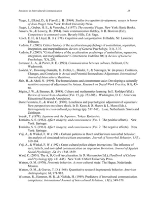 Emotions in Intercultural Communication                                                25


Piaget, J., Elkind, D., & Flavell, J. H. (1969). Studies in cognitive development; essays in honor
        of Jean Piaget. New York: Oxford University Press.
Piaget, J., Gruber, H. E., & Vonèche, J. (1977). The essential Piaget. New York: Basic Books.
Powers, W., & Lowery, D. (1984). Basic communication fidelity. In R. Bostrom (Ed.),
        Competence in communication. Beverly Hills, CA: Sage.
Rosch, E. H., & Lloyd, B. B. (1978). Cognition and categorization. Hillsdale, NJ: Lawrence
        Erlbaum.
Rudmin, F. (2003). Critical history of the acculturation psychology of assimilation, separation,
        integration, and marginalization. Review of General Psychology, 7(1), 3-37.
Rudmin, F. (2003). "Critical history of the acculturation psychology of assimilation, separation,
        integration, and marginalization": Correction to Rudmin (2003). Review of General
        Psychology, 7(3), 250.
Samovar, L. A., & Porter, R. E. (1995). Communication between cultures. Belmont, CA:
        Wadsworth.
Savicki, V., Downing-Burnette, R., Heller, L., Binder, F., & Suntinger, W. (in press). Contrasts,
        Changes, and Correlates in Actual and Potential Intercultural Adjustment. International
        Journal of Intercultural Relations.
Shin, H., & Abell, N. (1999). The homesickness and contentment scale: Developing a culturally
        sensitive measure of adjustment for Asians. Research on Social Work Practice, 9(1), 45-
        60.
Stigler, J. W., & Baranes, R. (1988). Culture and mathematics learning. In E. Rothkpof (Ed.),
        Review of research in education (Vol. 15, pp. 253-306). Washington, D. C.: American
        Educational Research Association.
Stone Feinstein, E., & Ward, C. (1990). Loneliness and psychological adjustment of sojourners:
        New perspectives on culture shock. In D. Keats & D. Munro & L. Mann (Eds.),
        Heterogeneity in cross-cultural psychology (pp. 537-547). Lisse, Netherlands: Swets and
        Zeitlinger.
Suzuki, T. (1978). Japanese and the Japanese. Tokyo: Kodansha.
Tomkins, S. S. (1962). Affect, imagery, and consciousness (Vol. 1: The positive affects). New
        York: Springer.
Tomkins, S. S. (1963). Affect, imagery, and consciousness (Vol. 2: The negative affects). New
        York: Springer.
Vrij, A., & Winkel, F. W. (1991). Cultural patterns in Dutch and Surinam nonverbal behavior:
        An analysis of simulated police/citizen encounters. Journal of Nonverbal Behavior, 15(3),
        169-184.
Vrij, A., & Winkel, F. W. (1992). Cross-cultural police-citizen interactions: The influence of
        race, beliefs, and nonverbal communication on impression formation. Journal of Applied
        Social Psychology, 22(19), 1546-1559.
Ward, C. (2001). The A, B, Cs of Acculturation. In D. Matsumoto (Ed.), Handbook of Culture
        and Psychology (pp. 411-446). New York: Oxford University Press.
Watson, O. M. (1970). Proxemic behavior: A cross-cultural study. The Hague, Nederlands:
        Mouton.
Watson, O. M., & Graves, T. D. (1966). Quantitative research in proxemic behavior. American
        Anthropologist, 68, 971-985.
Wiseman, R., Hammer, M. R., & Nishida, H. (1989). Predictors of intercultural communication
        competence. International Journal of Intercultural Relations, 13(3), 349-370.
 