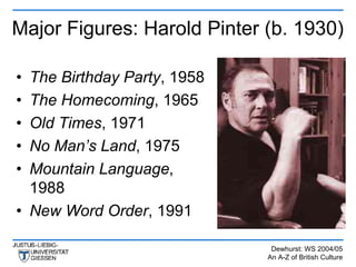 Major Figures: Harold Pinter (b. 1930)

• The Birthday Party, 1958
• The Homecoming, 1965
• Old Times, 1971
• No Man’s Land, 1975
• Mountain Language,
  1988
• New Word Order, 1991

                              Dewhurst: WS 2004/05
                             An A-Z of British Culture
 