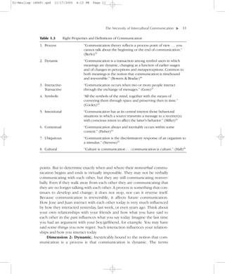 01-Neuliep (4849).qxd   11/17/2005       6:13 PM    Page 11




                                                            The Necessity of Intercultural Communication–      – 11




                                                                                                           ▼
               Table 1.3         Eight Properties and Definitions of Communication
               1. Process                     “Communication theory reflects a process point of view . . . you
                                              cannot talk about the beginning or the end of communication.”
                                              (Berlo)19
               2. Dynamic                     “Communication is a transaction among symbol users in which
                                              meanings are dynamic, changing as a function of earlier usages
                                              and of changes in perceptions and metaperceptions. Common to
                                              both meanings is the notion that communication is timebound
                                              and irreversible.” (Bowers & Bradac)20
               3. Interactive-                “Communication occurs when two or more people interact
                  Transactive                 through the exchange of messages.” (Goss)21
               4. Symbolic                    “All the symbols of the mind, together with the means of
                                              conveying them through space and preserving then in time.”
                                              (Cooley)22
               5. Intentional                 “Communication has as its central interest those behavioral
                                              situations in which a source transmits a message to a receiver(s)
                                              with conscious intent to affect the latter's behavior.” (Miller)23
               6. Contextual                  “Communication always and inevitably occurs within some
                                              context.” (Fisher)24
               7. Ubiquitous                  “Communication is the discriminatory response of an organism to
                                              a stimulus.” (Stevens)25
               8. Cultural                    “Culture is communication . . . communication is culture.” (Hall)26




              points. But to determine exactly when and where their nonverbal commu-
              nication begins and ends is virtually impossible. They may not be verbally
              communicating with each other, but they are still communicating nonver-
              bally. Even if they walk away from each other they are communicating that
              they are no longer talking with each other. A process is something that con-
              tinues to develop and change; it does not stop, nor can it reverse itself.
              Because communication is irreversible, it affects future communication.
              How Jose and Juan interact with each other today is very much influenced
              by how they interacted yesterday, last week, or even years ago. Think about
              your own relationships with your friends and how what you have said to
              each other in the past influences what you say today. Imagine the last time
              you had an argument with your boy/girlfriend, for example. You may have
              said some things you now regret. Such interaction influences your relation-
              ships and how you interact today.
                   Dimension 2: Dynamic. Inextricably bound to the notion that com-
              munication is a process is that communication is dynamic. The terms
 