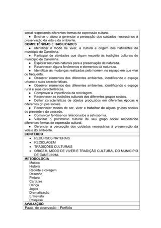 social respeitando diferentes formas de expressão cultural.
 Ensinar o aluno a gerenciar a percepção dos cuidados necessários à
preservação da vida e do ambiente.
COMPETÊNCIAS E HABILIDADES
 Identificar o modo de viver, a cultura e origem dos habitantes do
município de Canelinha.
 Participar de atividades que digam respeito às tradições culturais do
município de Canelinha.
 Explorar recursos naturais para a preservação da natureza.
 Reconhecer alguns fenômenos e elementos da natureza.
 Identificar as mudanças realizadas pelo homem no espaço em que vive
ou frequenta.
 Observar elementos dos diferentes ambientes, identificando o espaço
urbano e suas características.
 Observar elementos dos diferentes ambientes, identificando o espaço
rural e suas características.
 Comprovar a importância da reciclagem.
 Reconhecer as tradições culturais dos diferentes grupos sociais.
 Definir características de objetos produzidos em diferentes épocas e
diferentes grupos sociais.
 Reconhecer modos de ser, viver e trabalhar de alguns grupos sociais
do presente e do passado.
 Comunicar fenômenos relacionados a astronomia.
 Valorizar o patrimônio cultural de seu grupo social respeitando
diferentes formas de expressão cultural.
 Gerenciar a percepção dos cuidados necessários à preservação da
vida e do ambiente.
CONTEÚDO
• RECURSOS NATURAIS
• RECICLAGEM
• TRADIÇÕES CULTURAIS
• ORIGEM, MODO DE VIVER E TRADIÇÃO CULTURAL DO MUNICIPIO
DE CANELINHA.
METODOLOGIA
Musica
História
Recorte e colagem
Desenho
Pintura
Cartazes
Dança
Jogos
Dramatização
Entrevista
Pesquisa
AVALIAÇÃO
Pauta de observação – Portfólio
 