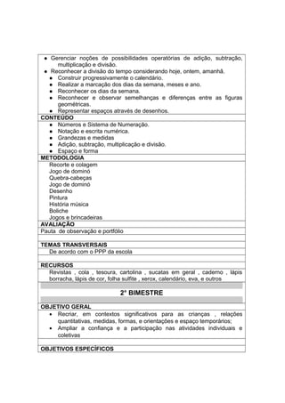  Gerenciar noções de possibilidades operatórias de adição, subtração,
multiplicação e divisão.
 Reconhecer a divisão do tempo considerando hoje, ontem, amanhã.
 Construir progressivamente o calendário.
 Realizar a marcação dos dias da semana, meses e ano.
 Reconhecer os dias da semana.
 Reconhecer e observar semelhanças e diferenças entre as figuras
geométricas.
 Representar espaços através de desenhos.
CONTEÚDO
 Números e Sistema de Numeração.
 Notação e escrita numérica.
 Grandezas e medidas
 Adição, subtração, multiplicação e divisão.
 Espaço e forma
METODOLOGIA
Recorte e colagem
Jogo de dominó
Quebra-cabeças
Jogo de dominó
Desenho
Pintura
História música
Boliche
Jogos e brincadeiras
AVALIAÇÃO
Pauta de observação e portfólio
TEMAS TRANSVERSAIS
De acordo com o PPP da escola
RECURSOS
Revistas , cola , tesoura, cartolina , sucatas em geral , caderno , lápis
borracha, lápis de cor, folha sulfite , xerox, calendário, eva, e outros
2° BIMESTRE
OBJETIVO GERAL
• Recriar, em contextos significativos para as crianças , relações
quantitativas, medidas, formas, e orientações e espaço temporários;
• Ampliar a confiança e a participação nas atividades individuais e
coletivas
OBJETIVOS ESPECÍFICOS
 