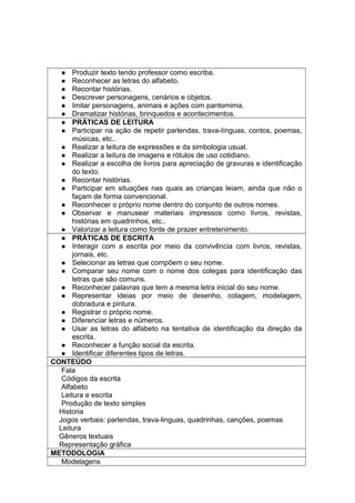  Produzir texto tendo professor como escriba.
 Reconhecer as letras do alfabeto.
 Recontar histórias.
 Descrever personagens, cenários e objetos.
 Imitar personagens, animais e ações com pantomima.
 Dramatizar histórias, brinquedos e acontecimentos.
 PRÁTICAS DE LEITURA
 Participar na ação de repetir parlendas, trava-línguas, contos, poemas,
músicas, etc..
 Realizar a leitura de expressões e da simbologia usual.
 Realizar a leitura de imagens e rótulos de uso cotidiano.
 Realizar a escolha de livros para apreciação de gravuras e identificação
do texto.
 Recontar histórias.
 Participar em situações nas quais as crianças leiam, ainda que não o
façam de forma convencional.
 Reconhecer o próprio nome dentro do conjunto de outros nomes.
 Observar e manusear materiais impressos como livros, revistas,
histórias em quadrinhos, etc..
 Valorizar a leitura como fonte de prazer entretenimento.
 PRÁTICAS DE ESCRITA
 Interagir com a escrita por meio da convivência com livros, revistas,
jornais, etc.
 Selecionar as letras que compõem o seu nome.
 Comparar seu nome com o nome dos colegas para identificação das
letras que são comuns.
 Reconhecer palavras que tem a mesma letra inicial do seu nome.
 Representar ideias por meio de desenho, colagem, modelagem,
dobradura e pintura.
 Registrar o próprio nome.
 Diferenciar letras e números.
 Usar as letras do alfabeto na tentativa de identificação da direção da
escrita.
 Reconhecer a função social da escrita.
 Identificar diferentes tipos de letras.
CONTEÚDO
Fala
Códigos da escrita
Alfabeto
Leitura e escrita
Produção de texto simples
Historia
Jogos verbais: parlendas, trava-linguas, quadrinhas, canções, poemas
Leitura
Gêneros textuais
Representação gráfica
METODOLOGIA
Modelagens
 