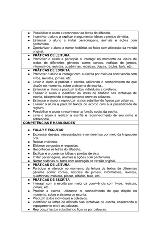  Possibilitar o aluno a reconhecer as letras do alfabeto.
 Incentivar o aluno a explicar e argumentar ideias e pontos de vista.
 Estimular o aluno a imitar personagens, animais e ações com
pantomima.
 Oportunizar o aluno a narrar histórias ou fatos com alteração da versão
original.
 PRÁTICAS DE LEITURA
 Promover o aluno a participar e interagir no momento da leitura de
textos de diferentes gêneros como: contos, notícias de jornais,
informativos, revistas, quadrinhas, músicas, placas, rótulos, bula, etc..
 PRÁTICAS DE ESCRITA
 Promover o aluno a interagir com a escrita por meio da convivência com
livros, revistas, jornais, etc..
 Levar o aluno a praticar a escrita, utilizando o conhecimento de que
dispõe no momento, sobre o sistema de escrita..
 Estimular o aluno a produzir textos individuais e coletivos.
 Ensinar o aluno a identificar as letras do alfabeto nas tentativas de
escrita, observando o espaçamento entre as palavras.
 Estimular o aluno a reproduzir textos substituindo figuras por palavras.
 Ensinar o aluno a produzir textos de acordo com sua possibilidade de
registro.
 Possibilitar o aluno a reconhecer a função social da escrita.
 Leva o aluno a realizar a escrita e reconhecimento de seu nome e
sobrenome.
COMPETÊNCIAS E HABILIDADES
 FALAR E ESCUTAR
 Expressar desejos, necessidades e sentimentos por meio da linguagem
oral.
 Relatar vivências.
 Elaborar perguntas e respostas.
 Reconhecer as letras do alfabeto.
 Explicar e argumentar idéias e pontos de vista
 Imitar personagens, animais e ações com pantomima
 Narrar histórias ou fatos com alteração da versão original.
 PRÁTICAS DE LEITURA
 Participar e interagir no momento da leitura de textos de diferentes
gêneros como: contos, notícias de jornais, informativos, revistas,
quadrinhas, músicas, placas, rótulos, bula, etc..
 PRÁTICAS DE ESCRITA
 Interagir com a escrita por meio da convivência com livros, revistas,
jornais, etc..
 Praticar a escrita, utilizando o conhecimento de que dispõe no
momento, sobre o sistema de escrita.
 Produzir textos individuais e coletivos.
 Identificar as letras do alfabeto nas tentativas de escrita, observando o
espaçamento entre as palavras.
 Reproduzir textos substituindo figuras por palavras.
 