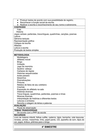  Produzir textos de acordo com sua possibilidade de registro.
 Reconhecer a função social da escrita.
 Realizar a escrita e reconhecimento de seu nome e sobrenome.
CONTEÚDO
Fala
Historia
Jogos verbais: parlendas, trava-linguas, quadrinhas, canções, poemas
Leitura
Gêneros textuais
Representação gráfica
Códigos da escrita
Alfabeto
Leitura e escrita
Produção de textos simples
METODOLOGIA
Modelagens
Alfabeto móvel
Bingo
Imitação
Jogo da memória
Quebra- cabeça
Cartazes de regras
Historias sequenciadas
Aulas passeio
Desenhos
Dramatizações
Pinturas
Relatos de fatos de seu cotidiano
Crachás
Exposição do alfabeto na sala
Histórias diversas
Trava línguas, quadrinhas, parlendas, poemas e rimas
Músicas diversas
Interpretação de histórias e diferentes textos
Leituras e símbolos
Recorte e colagem de letras e palavras
AVALIAÇÃO
Pauta de observação
TEMAS TRANSVERSAIS
De acordo com o PPP da escola
RECURSOS
Livro de historia infantil, folhas sulfite, caderno, lápis, borracha, cola tesouras,
revistas, jornais, massinhas, tinta, papel pardo, CD, aparelho de som, lápis de
cor, jogos, ônibus, prêmios para o bingo
4° BIMESTRE
 