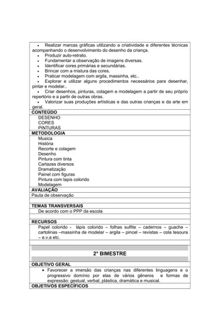 • Realizar marcas gráficas utilizando a criatividade e diferentes técnicas
acompanhando o desenvolvimento do desenho da criança.
• Produzir auto-retrato.
• Fundamentar a observação de imagens diversas.
• Identificar cores primárias e secundárias.
• Brincar com a mistura das cores.
• Praticar modelagem com argila, massinha, etc..
• Explorar e utilizar alguns procedimentos necessários para desenhar,
pintar e modelar..
• Criar desenhos, pinturas, colagem e modelagem a partir de seu próprio
repertório e a partir de outras obras.
• Valorizar suas produções artísticas e das outras crianças e da arte em
geral.
CONTEÚDO
DESENHO
CORES
PINTURAS
METODOLOGIA
Musica
História
Recorte e colagem
Desenho
Pintura com tinta
Cartazes diversos
Dramatização
Painel com figuras
Pintura com lapis colorido
Modelagem
AVALIAÇÃO
Pauta de observação
TEMAS TRANSVERSAIS
De acordo com o PPP da escola
RECURSOS
Papel colorido - lápis colorido – folhas sulfite – cadernos – guache –
cartolinas –massinha de modelar – argila – pincel – revistas – cola tesoura
– e.v.a etc.
2° BIMESTRE
OBJETIVO GERAL
• Favorecer a imersão das crianças nas diferentes linguagens e o
progressivo domínio por elas de vários gêneros e formas de
expressão: gestual, verbal, plástica, dramática e musical.
OBJETIVOS ESPECÍFICOS
 