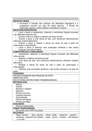 OBJETIVO GERAL
• Favorecer a imersão das crianças nas diferentes linguagens e o
progressivo domínio por elas de vários gêneros e formas de
expressão: gestual, verbal, plástica, dramática e musical.
OBJETIVOS ESPECÍFICOS
• Levar o aluno a caracterizar, observar e reconhecer figuras humanas
nas diferentes obras de arte.
• Ensinar o aluno a realizar a releitura de obras de arte.
• Ensinar o aluno a criar obras de arte, com estruturas tridimensionais
utilizando material alternativo.
• Ensinar o aluno a realizar a leitura de obras de arte a partir da
observação e interpretação.
• Levar o aluno a valorizar suas produções artísticas e das outras
crianças e da arte em geral
COMPETÊNCIAS E HABILIDADES
• Caracterizar, observar e reconhecer figuras humanas nas diferentes
obras de arte.
• Realizar a releitura de obras de arte.
• Criar obras de arte, com estruturas tridimensionais utilizando material
alternativo.
• Realizar a leitura de obras de arte a partir da observação e
interpretação.
• Valorizar suas produções artísticas e das outras crianças e da arte em
geral.
CONTEÚDO
FIGURAS HUMANAS NAS IMAGENS DE ARTE
OBRAS DE ARTE
ESCULTURAS (ESTRUTURAS TRIDIMENSIONAIS)
METODOLOGIA
Musica
História
Recorte e colagem
Desenho
Pintura com tinta
Cartazes diversos
Dramatização
Painel com figuras
Pintura com lápis
AVALIAÇÃO
Pauta de observação
TEMAS TRANSVERSAIS
De acordo com o PPP da escola
RECURSOS
Papel colorido - lápis colorido – folhas sulfite – cadernos – guache –
cartolinas –massinha de modelar – argila – pincel – revistas – cola tesoura
– e.v.a etc.
 