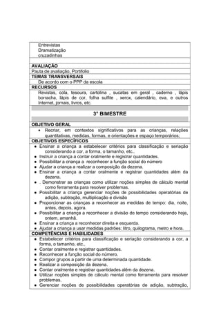 Entrevistas
Dramatização
cruzadinhas
AVALIAÇÃO
Pauta de avaliação, Portifolio
TEMAS TRANSVERSAIS
De acordo com o PPP da escola
RECURSOS
Revistas, cola, tesoura, cartolina , sucatas em geral , caderno , lápis
borracha, lápis de cor, folha sulfite , xerox, calendário, eva, e outros
Internet, jornais, livros, etc.
3° BIMESTRE
OBJETIVO GERAL
• Recriar, em contextos significativos para as crianças, relações
quantitativas, medidas, formas, e orientações e espaço temporários;
OBJETIVOS ESPECÍFICOS
 Ensinar a criança a estabelecer critérios para classificação e seriação
considerando a cor, a forma, o tamanho, etc..
 Instruir a criança a contar oralmente e registrar quantidades.
 Possibilitar a criança a reconhecer a função social do número
 Ajudar a criança a realizar a composição da dezena.
 Ensinar a criança a contar oralmente e registrar quantidades além da
dezena.
 . Demonstrar as crianças como utilizar noções simples de cálculo mental
como ferramenta para resolver problemas.
 Possibilitar a criança gerenciar noções de possibilidades operatórias de
adição, subtração, multiplicação e divisão
 Proporcionar as crianças a reconhecer as medidas de tempo: dia, noite,
antes, depois, agora.
 Possibilitar a criança a reconhecer a divisão do tempo considerando hoje,
ontem, amanhã.
 Ensinar a criança a reconhecer direita e esquerda.
 Ajudar a criança a usar medidas padrões: litro, quilograma, metro e hora.
COMPETÊNCIAS E HABILIDADES
 Estabelecer critérios para classificação e seriação considerando a cor, a
forma, o tamanho, etc..
 Contar oralmente e registrar quantidades.
 Reconhecer a função social do número.
 Compor grupos a partir de uma determinada quantidade.
 Realizar a composição da dezena.
 Contar oralmente e registrar quantidades além da dezena.
 Utilizar noções simples de cálculo mental como ferramenta para resolver
problemas.
 Gerenciar noções de possibilidades operatórias de adição, subtração,
 