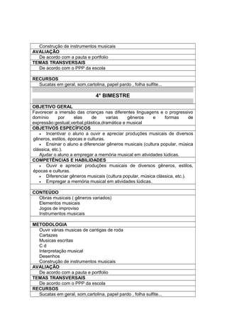 Construção de instrumentos musicais
AVALIAÇÃO
De acordo com a pauta e portfolio
TEMAS TRANSVERSAIS
De acordo com o PPP da escola
RECURSOS
Sucatas em geral, som,cartolina, papel pardo , folha sulfite...
4° BIMESTRE
OBJETIVO GERAL
Favorecer a imersão das crianças nas diferentes linguagens e o progressivo
domínio por elas de varias gêneros e formas de
expressão:gestual,verbal,plástica,dramática e musical
OBJETIVOS ESPECÍFICOS
• Incentivar o aluno a ouvir e apreciar produções musicais de diversos
gêneros, estilos, épocas e culturas.
• Ensinar o aluno a diferenciar gêneros musicais (cultura popular, música
clássica, etc.).
Ajudar o aluno a empregar a memória musical em atividades lúdicas.
COMPETÊNCIAS E HABILIDADES
• Ouvir e apreciar produções musicais de diversos gêneros, estilos,
épocas e culturas.
• Diferenciar gêneros musicais (cultura popular, música clássica, etc.).
• Empregar a memória musical em atividades lúdicas.
CONTEÚDO
Obras musicais ( gêneros variados)
Elementos musicais
Jogos de improviso
Instrumentos musicais
METODOLOGIA
Ouvir várias musicas de cantigas de roda
Cartazes
Musicas escritas
C d
Interpretação musical
Desenhos
Construção de instrumentos musicais
AVALIAÇÃO
De acordo com a pauta e portfolio
TEMAS TRANSVERSAIS
De acordo com o PPP da escola
RECURSOS
Sucatas em geral, som,cartolina, papel pardo , folha sulfite...
 