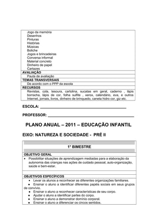 Jogo da memória
Desenhos
Pinturas
Histórias
Músicas
Boliche
Jogos e brincadeiras
Conversa informal
Material concreto
Dinheiro de papel
Cartazes
AVALIAÇÃO
Pauta de avaliação
TEMAS TRANSVERSAIS
De acordo com o PPP da escola
RECURSOS
Revistas, cola, tesoura, cartolina, sucatas em geral, caderno , lápis
borracha, lápis de cor, folha sulfite , xerox, calendário, eva, e outros
Internet, jornais, livros, dinheiro de brinquedo, caneta hidro cor, giz etc.
ESCOLA: __________________________________________
PROFESSOR: __________________________________________
PLANO ANUAL – 2011 – EDUCAÇÃO INFANTIL
EIXO: NATUREZA E SOCIEDADE - PRÉ II
1° BIMESTRE
OBJETIVO GERAL
• Possibilitar situações de aprendizagem mediadas para a elaboração da
autonomia das crianças nas ações de cuidado pessoal, auto-organização,
saúde e bem-estar.
OBJETIVOS ESPECÍFICOS
• Levar os alunos a reconhecer as diferentes organizações familiares.
 Ensinar o aluno a identificar diferentes papéis sociais em seus grupos
de convívio.
 Ensinar o aluno a reconhecer características de seu corpo.
 Ajudar o aluno a identificar partes do corpo.
 Ensinar o aluno a demonstrar domínio corporal.
 Ensinar o aluno a diferenciar os cincos sentidos.
 