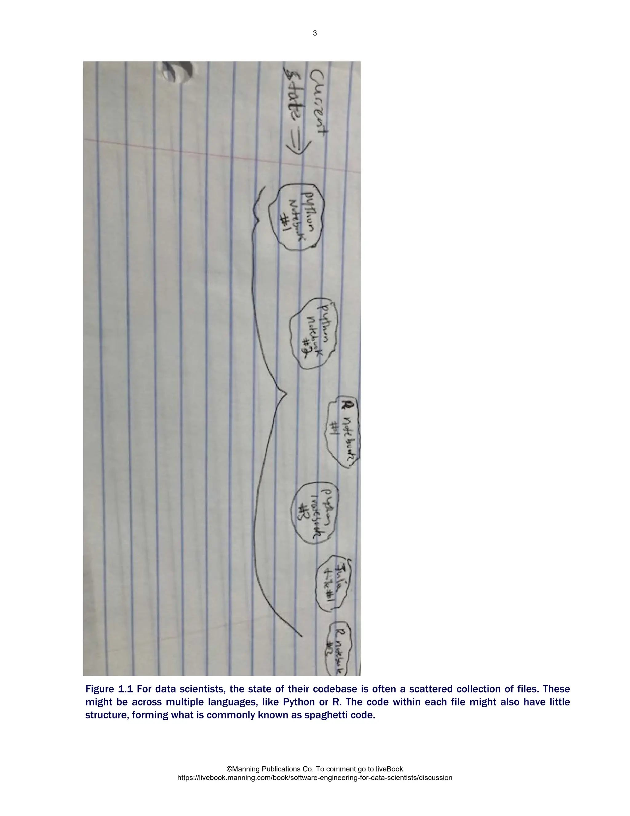 Figure 1.1 For data scientists, the state of their codebase is often a scattered collection of files. These
might be across multiple languages, like Python or R. The code within each file might also have little
structure, forming what is commonly known as spaghetti code.
©Manning Publications Co. To comment go to liveBook
https://livebook.manning.com/book/software-engineering-for-data-scientists/discussion
3
 