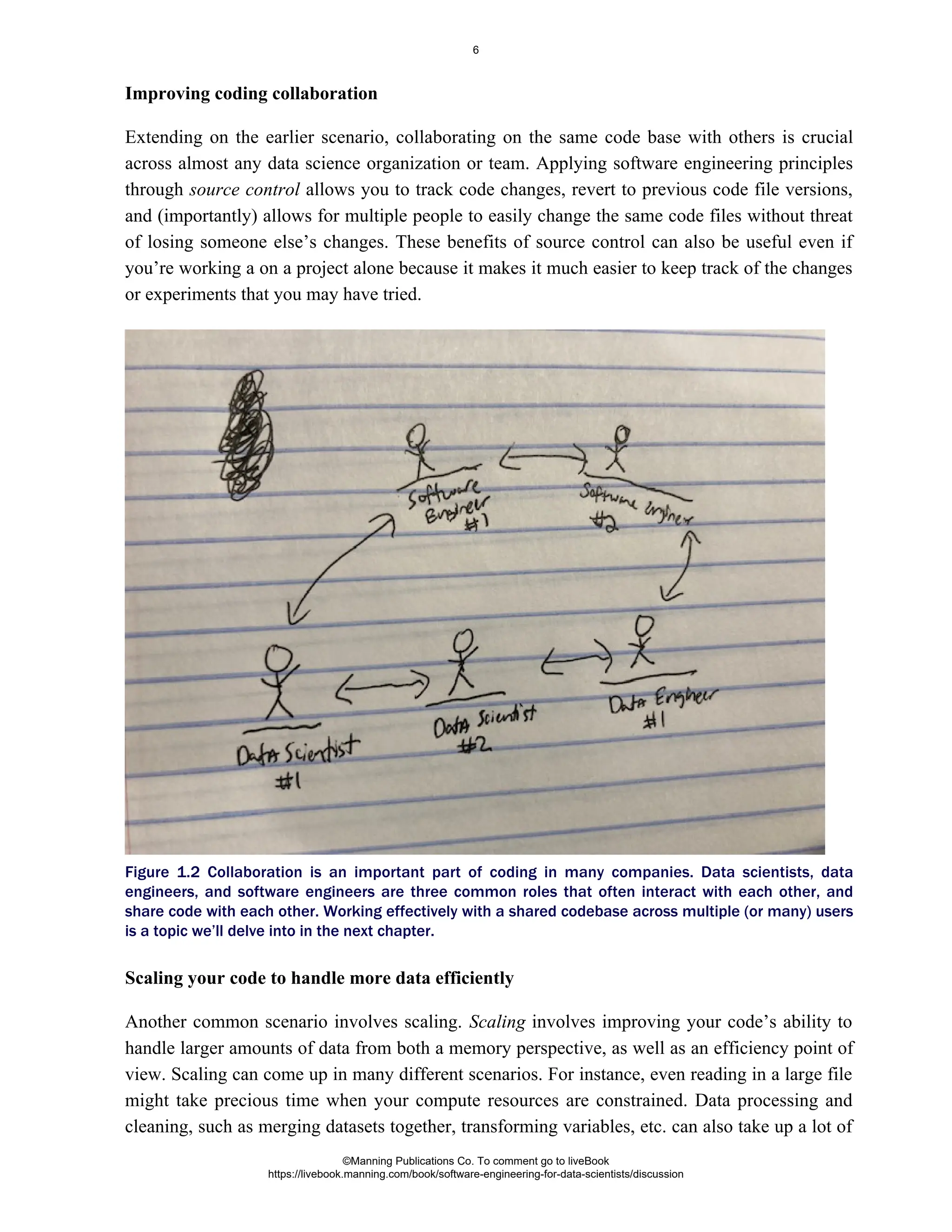 Improving coding collaboration
Extending on the earlier scenario, collaborating on the same code base with others is crucial
across almost any data science organization or team. Applying software engineering principles
through allows you to track code changes, revert to previous code file versions,
source control
and (importantly) allows for multiple people to easily change the same code files without threat
of losing someone else’s changes. These benefits of source control can also be useful even if
you’re working a on a project alone because it makes it much easier to keep track of the changes
or experiments that you may have tried.
Figure 1.2 Collaboration is an important part of coding in many companies. Data scientists, data
engineers, and software engineers are three common roles that often interact with each other, and
share code with each other. Working effectively with a shared codebase across multiple (or many) users
is a topic we’ll delve into in the next chapter.
Scaling your code to handle more data efficiently
Another common scenario involves scaling. involves improving your code’s ability to
Scaling
handle larger amounts of data from both a memory perspective, as well as an efficiency point of
view. Scaling can come up in many different scenarios. For instance, even reading in a large file
might take precious time when your compute resources are constrained. Data processing and
cleaning, such as merging datasets together, transforming variables, etc. can also take up a lot of
©Manning Publications Co. To comment go to liveBook
https://livebook.manning.com/book/software-engineering-for-data-scientists/discussion
6
 