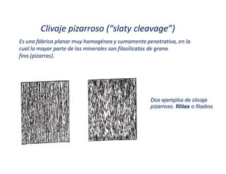 Clivaje pizarroso (͞slaty cleavage͟)
Es una fábrica planar muy homogénea y sumamente penetrativa, en la
cual la mayor parte de los minerales son filosilicatos de grano
fino.(pizarras).
Dos ejemplos de clivaje
pizarroso. filitas o filadios
 