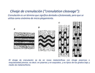 Clivaje de crenulación (͞crenulation cleavage͟):
Crenulación es un término que significa dentado o festoneado, pero que se
utiliza como sinónimo de micro plegamiento.
El clivaje de crenulación se da en rocas metamórficas con clivaje pizarroso o
esquistosidad previos, es decir, en pizarras y en esquistos, y es típico de los grados bajo y
medio de metamorfismo.
 