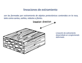 lineaciones de estiramiento
son las formadas por estiramiento de objetos pretectónicos contenidos en la roca,
tales como cantos, oolitos, nódulos o fósiles.
Lineación de estiramiento
desarrollada en conglomerado
deformado.
 