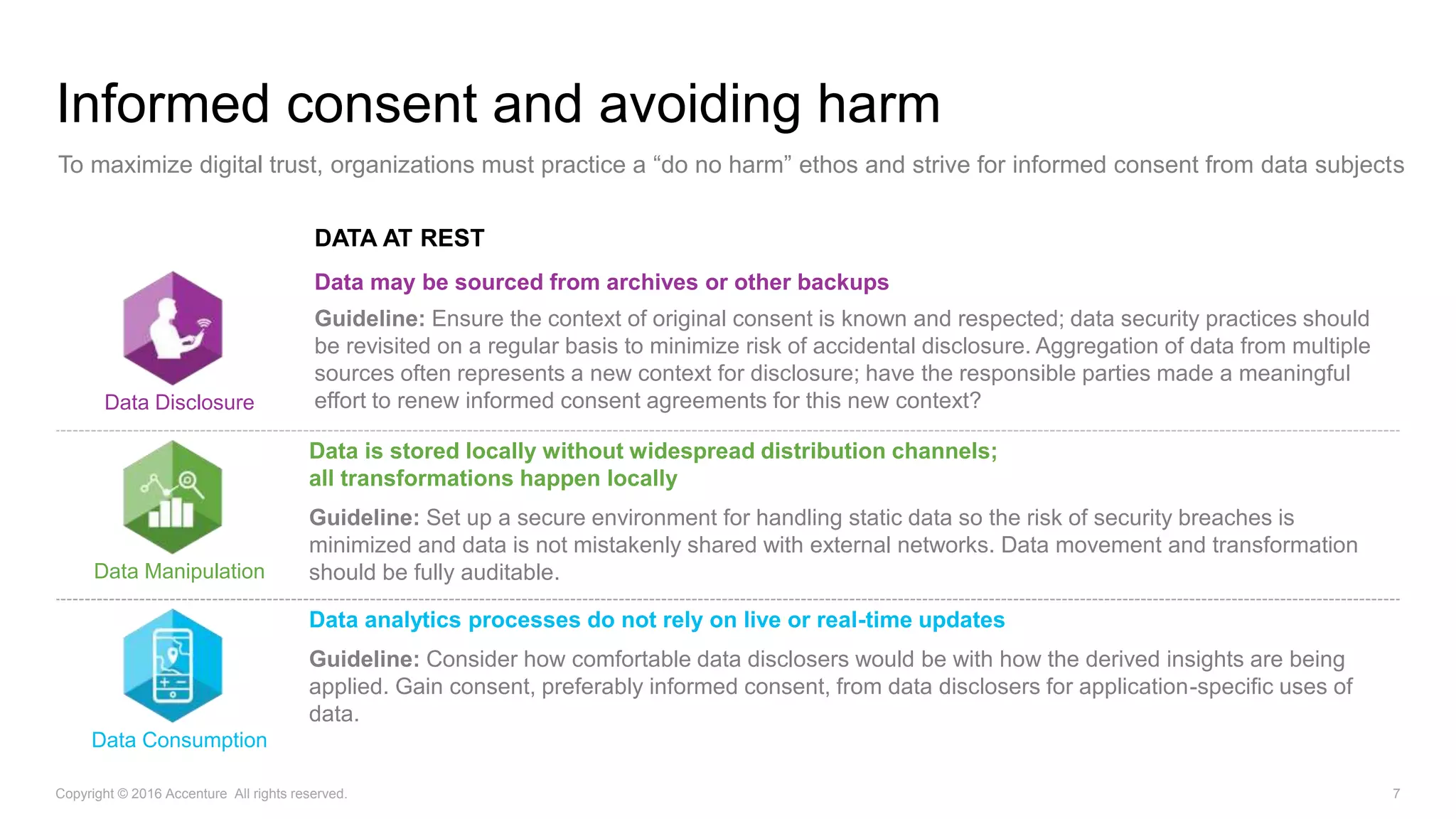 DATA AT REST
Data Disclosure
Data may be sourced from archives or other backups
Guideline: Ensure the context of original consent is known and respected; data security practices should
be revisited on a regular basis to minimize risk of accidental disclosure. Aggregation of data from multiple
sources often represents a new context for disclosure; have the responsible parties made a meaningful
effort to renew informed consent agreements for this new context?
Data Manipulation
Data is stored locally without widespread distribution channels;
all transformations happen locally
Guideline: Set up a secure environment for handling static data so the risk of security breaches is
minimized and data is not mistakenly shared with external networks. Data movement and transformation
should be fully auditable.
Data Consumption
Data analytics processes do not rely on live or real-time updates
Guideline: Consider how comfortable data disclosers would be with how the derived insights are being
applied. Gain consent, preferably informed consent, from data disclosers for application-specific uses of
data.
Informed consent and avoiding harm
To maximize digital trust, organizations must practice a “do no harm” ethos and strive for informed consent from data subjects
Copyright © 2016 Accenture All rights reserved. 7
 