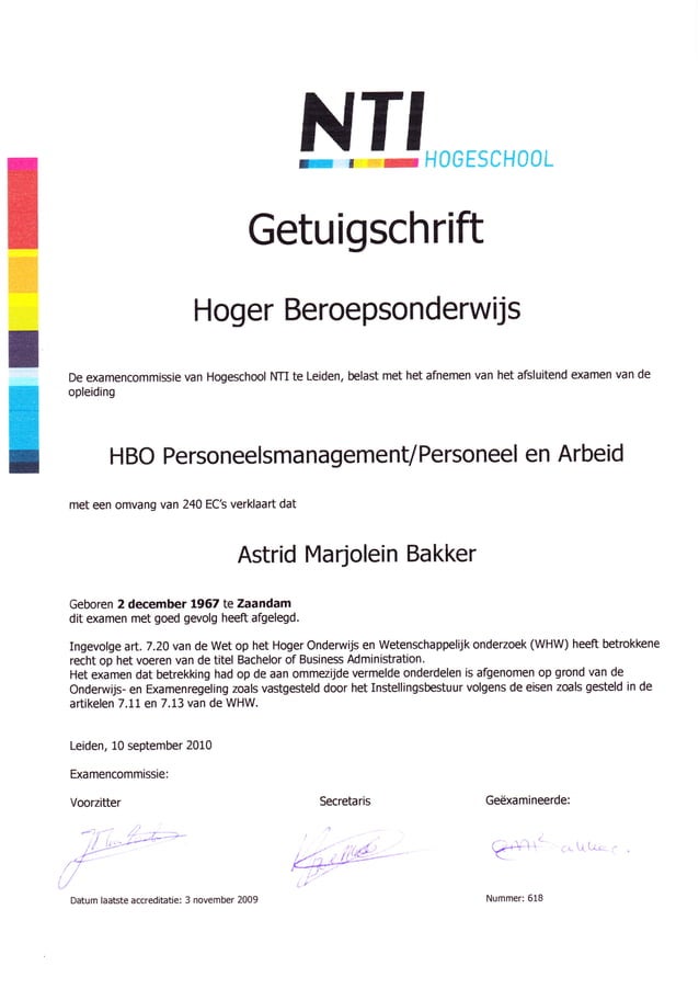 Getuigschrift Hogeschool NTI Personeel en Arbeid