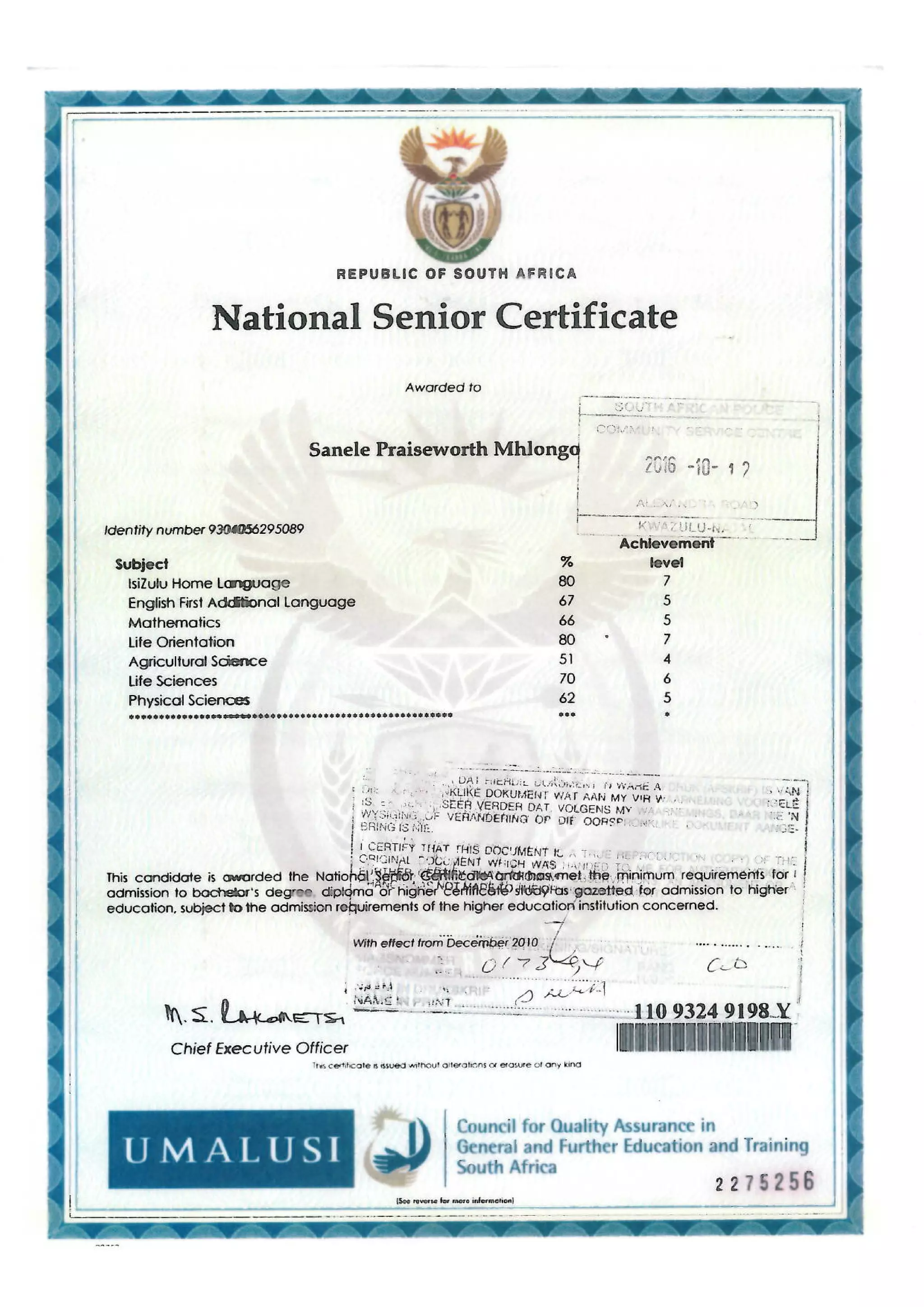Certified matric certificate | PDF
