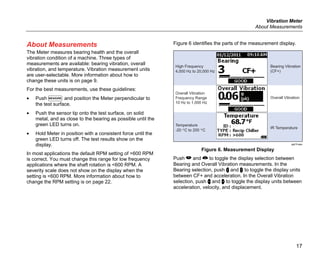 Vibration Meter
About Measurements
17
About Measurements
The Meter measures bearing health and the overall
vibration condition of a machine. Three types of
measurements are available: bearing vibration, overall
vibration, and temperature. Vibration measurement units
are user-selectable. More information about how to
change these units is on page 9.
For the best measurements, use these guidelines:
• Push  and position the Meter perpendicular to
the test surface.
• Push the sensor tip onto the test surface, on solid
metal, and as close to the bearing as possible until the
green LED turns on.
• Hold Meter in position with a consistent force until the
green LED turns off. The test results show on the
display.
In most applications the default RPM setting of >600 RPM
is correct. You must change this range for low frequency
applications where the shaft rotation is <600 RPM. A
severity scale does not show on the display when the
setting is <600 RPM. More information about how to
change the RPM setting is on page 22.
Figure 6 identifies the parts of the measurement display.
Bearing Vibration
(CF+)
High Frequency
4,000 Hz to 20,000 Hz
Overall Vibration
Frequency Range
10 Hz to 1,000 Hz
Temperature
-20 ◦C to 200 ◦C
Overall Vibration
IR Temperature
gqi10.eps
Figure 6. Measurement Display
Push  and  to toggle the display selection between
Bearing and Overall Vibration measurements. In the
Bearing selection, push  and  to toggle the display units
between CF+ and acceleration. In the Overall Vibration
selection, push  and  to toggle the display units between
acceleration, velocity, and displacement.
 