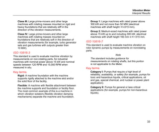 Vibration Meter
Interpret Results
33
Class III: Large prime-movers and other large
machines with rotating masses mounted on rigid and
heavy foundations that are relatively stiff in the
direction of the vibration measurements.
Class IV: Large prime-movers and other large
machines with rotating masses mounted on
foundations that are relatively soft in the direction of
vibration measurements (for example, turbo generator
sets and gas turbines with outputs greater than
10 MW).
ISO 10816-3
This standard is used to evaluate machine vibration by
measurements on non-rotating parts, for industrial
machines with nominal power above 15 kW and nominal
speeds between 120 RPM and 15,000 RPM when
measured in situ.
Key terms
Rigid: A machine foundation with the machine
supports rigidly attached to the machine skid and/or
the solid floor of the facility.
Flexible: A machine with flexible attachment between
the machine supports and foundation or facility floor.
The most common example of this is a machine in
which vibration isolators (flexible vibration damping
mechanisms) separate the machine and foundation.
Group 1: Large machines with rated power above
300 kW and not more than 50 MW (electrical
machines with shaft height: H ≥315 mm).
Group 2: Medium-sized machines with rated power
above 15 kW up to and including 300 kW, electrical
machines with shaft height 160 mm ≤ H <315 mm.
ISO 10816-7
This standard is used to evaluate machine vibration on
rotor dynamic pumps by measurements on nonrotating
parts.
Note
The standard includes guidance for
measurements on rotating shafts, but this portion
is not applicable to the Meter.
Key terms
Category I: Pumps that require a high level of
reliability, availability, or safety (for example, pumps for
toxic and hazardous liquids, critical applications, oil
and gas, special chemical, and nuclear or power plant
application).
Category II: Pumps for general or less critical
applications (for example, pumps for non-hazardous
liquids).
 