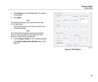 Vibration Meter
Export Data
35
4. Click Browse to find the MAIN_DB.TXT data file
on the Meter.
5. Click Open.
Note
The Trending template only reads data from files
in TXT file format.
The file path shows in the File name field of the
Trending template.
Note
Even though the template is password protected,
you can copy and paste the raw data from View
Data into a blank Excel spreadsheet.
6. Click Configure Graph on the Trending template.
The Graph Configuration Window opens. See
Figure 8.
gqi205.bmp
Figure 8. Plot Options
 