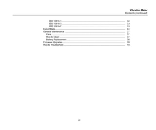 Vibration Meter
Contents (continued)
iii
ISO 10816-1......................................................................................................... 32
ISO 10816-3......................................................................................................... 33
ISO 10816-7......................................................................................................... 33
Export Data.................................................................................................................... 34
General Maintenance .................................................................................................... 37
Care.......................................................................................................................... 37
How to Clean ............................................................................................................ 37
Battery Replacement ................................................................................................ 38
Firmware Upgrades ....................................................................................................... 39
How to Troubleshoot...................................................................................................... 40
 