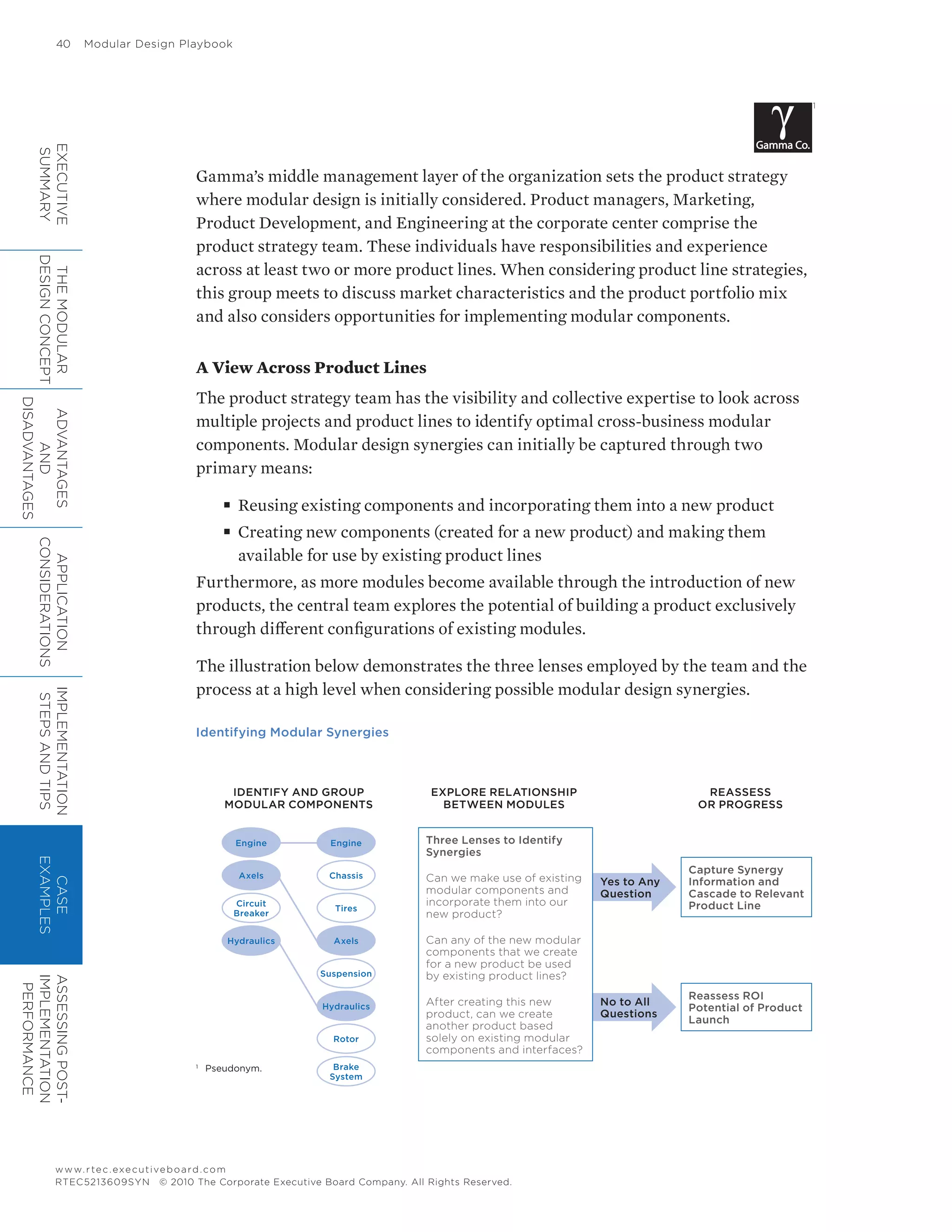 40	 Modular Design Playbook
www.rtec.executiveboard.com
RTEC5213609SYN © 2010 The Corporate Executive Board Company. All Rights Reserved.
Gamma’s middle management layer of the organization sets the product strategy
where modular design is initially considered. Product managers, Marketing,
Product Development, and Engineering at the corporate center comprise the
product strategy team. These individuals have responsibilities and experience
across at least two or more product lines. When considering product line strategies,
this group meets to discuss market characteristics and the product portfolio mix
and also considers opportunities for implementing modular components.
A View Across Product Lines
The product strategy team has the visibility and collective expertise to look across
multiple projects and product lines to identify optimal cross-business modular
components. Modular design synergies can initially be captured through two
primary means:
■■ Reusing existing components and incorporating them into a new product
■■ Creating new components (created for a new product) and making them
available for use by existing product lines
Furthermore, as more modules become available through the introduction of new
products, the central team explores the potential of building a product exclusively
through different configurations of existing modules.
The illustration below demonstrates the three lenses employed by the team and the
process at a high level when considering possible modular design synergies.
Identifying Modular Synergies
IDENTIFY AND GROUP
MODULAR COMPONENTS
EXPLORE RELATIONSHIP
BETWEEN MODULES
REASSESS
OR PROGRESS
Three Lenses to Identify
Synergies
Can we make use of existing
modular components and
incorporate them into our
new product?
Can any of the new modular
components that we create
for a new product be used
by existing product lines?
After creating this new
product, can we create
another product based
solely on existing modular
components and interfaces?
Capture Synergy
Information and
Cascade to Relevant
Product Line
Reassess ROI
Potential of Product
Launch
Yes to Any
Question
No to All
Questions
Engine Engine
Suspension
Axels Chassis
Circuit
Breaker
Tires
Rotor
Hydraulics Axels
Brake
System
Hydraulics
1
1
	 Pseudonym.
EXECUTIVE
SUMMARY
THEMODULAR
DESIGNCONCEPT
ADVANTAGES
AND
DISADVANTAGES
APPLICATION
CONSIDERATIONS
IMPLEMENTATION
STEPSANDTIPS
CASE
EXAMPLES
ASSESSINGPOST-
IMPLEMENTATION
PERFORMANCE
 