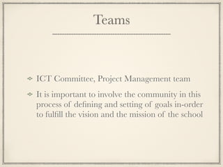 Teams
ICT Committee, Project Management team
It is important to involve the community in this
process of deﬁning and setting of goals in-order
to fulﬁll the vision and the mission of the school
 