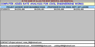 IN THE NAME OF ALLAH,THE MOST MERCIFUL AND BENIFICIAL
COMPUTER AIDED RATE ANALYSIS FOR CIVIL ENGINEERING WORKS
PROJECT ADVISOR: NOOR MUHAMMAD KHAN (PROFESSOR IN CIVIL ENGG. DEPT. UET LAHORE
STUDENTS: 99-CIVIL-886 99-CIVIL-891 99-CIVIL-890 99-CIVIL-909
CONTACT:(Project advisor) maaz_96@hotmail.com
Students: emranmalik@hotmail.com , 03334266880@ufone.com ,siddiqui890@hotmail.com
 