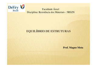 EQUILÍBRIO DE ESTRUTURAS 
Prof. Magno Mota 
Faculdade Área1 
Disciplina: Resistência dos Materiais - 5REZN 
 
