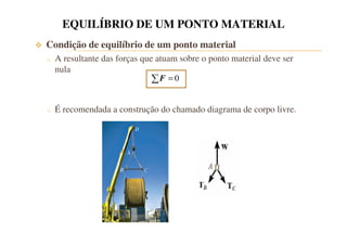 EQUILÍBRIO DE UM PONTO MATERIAL 
 Condição de equilíbrio de um ponto material 
o A resultante das forças que atuam sobre o ponto material deve ser 
nula 
F = 0 
o É recomendada a construção do chamado diagrama de corpo livre. 
 