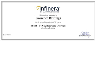 This certificate is awarded to
Lawrence Rawlings
for the successful completion of the course
BC104 - DTN-X Hardware Overview
By InfineraTraining
Date: 7/8/2015
 
