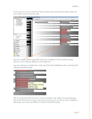 4/25/2014
110
In this view you can see a time-line of Items showing when each Purchase Order detail line
was ordered and its current due date.
The color coding used for normal POs comes from the defined color for Gantt Purchase
Orders as set in Company Options on the Display tab.
Any item ordered on multiple lines on the same PO will be highlighted with a red-striped fill
indicating Item/PO overlap.
This is normal and will be the case if you have a blanket order defined since the beginning
date for the PO will be the same in all cases. If you hover over the PO you will get additional
information and in this case MISys has listed the Items/PO overlap.
 