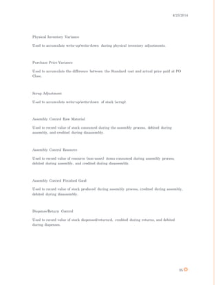 4/25/2014
35
Physical Inventory Variance
Used to accumulate write-up/write-down during physical inventory adjustments.
Purchase Price Variance
Used to accumulate the difference between the Standard cost and actual price paid at PO
Close.
Scrap Adjustment
Used to accumulate write-up/write-down of stock (scrap).
Assembly Control Raw Material
Used to record value of stock consumed during the assembly process, debited during
assembly, and credited during disassembly.
Assembly Control Resource
Used to record value of resource (non-asset) items consumed during assembly process,
debited during assembly, and credited during disassembly.
Assembly Control Finished Good
Used to record value of stock produced during assembly process, credited during assembly,
debited during disassembly.
Dispense/Return Control
Used to record value of stock dispensed/returned, credited during returns, and debited
during dispenses.
 