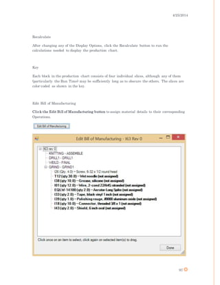 4/25/2014
97
Recalculate
After changing any of the Display Options, click the Recalculate button to run the
calculations needed to display the production chart.
Key
Each block in the production chart consists of four individual slices, although any of them
(particularly the Run Time) may be sufficiently long as to obscure the others. The slices are
color-coded as shown in the key.
Edit Bill of Manufacturing
Click the Edit Bill of Manufacturing button to assign material details to their corresponding
Operations.
 