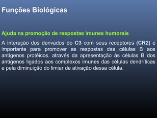 Funções Biológicas
Ajuda na promoção de respostas imunes humorais
A interação dos derivados do C3 com seus receptores (CR2) é
importante para promover as respostas das células B aos
antígenos protéicos, através da apresentação às células B dos
antígenos ligados aos complexos imunes das células dendríticas
e pela diminuição do limiar de ativação dessa célula.
 
