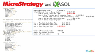 and
Query Generation Time: 0:00:00.09
Total Elapsed Time in Query Engine: 0:02:43.29
Sum of Query Execution Time: 0:00:53.08
Sum of Data Fetching and Processing Time: 0:00:52.09
Sum of Data Transfer from Datasource(s) Time: 0:00:47.83
Sum of Analytical Processing Time: 0:00:00.00
Sum of Other Processing Time: 0:00:58.10
Sum of Template Calculate Time 0:00:00.00
Sum of AE Data Persisting Time 0:00:00.46
Sum of Cube Publish Time 0:02:56.36
Number of Rows Returned: 4702678
Number of Columns Returned: 38
Number of Temp Tables: 12
 