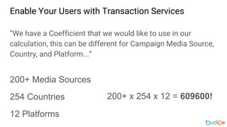 Enable Your Users with Transaction Services
“We have a Coefficient that we would like to use in our
calculation, this can be different for Campaign Media Source,
Country, and Platform...”
200+ Media Sources
254 Countries
12 Platforms
200+ x 254 x 12 = 609600!
 