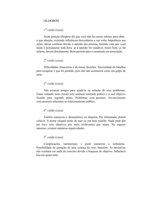 OLOGBON
1" caída (casa):
Nesta posição Ologbon diz que você não faz muito esforço para obter
o que almejas, existindo influências discordantes a sua volta. Impotência nas
ações, ideias confusas devido à opinião das pessoas, fazendo com que você
mude o pensamento toda hora: se a opinião for saudável, muito bem, se for
nefasta, haverá desolamento. Bom período para o casamento ou associação.
2
a
caída (casa):
Dificuldades financeiras e de tomar decisões. Necessidade de batalhar
para recuperar o que foi perdido, pois isto não acontecerá como um golpe de
sorte.
3
a
caída (casa):
Não existem amigos para ajudá-lo na solução de seus problemas.
Estais rodando num círculo sem nenhum resultado prático e o real objetivo
ficando para segundo plano. Problemas com parentes. Favorecimento
com assuntos referentes ao relacionamento público.
4
a
caída (casa):
Família numerosa e desarmônica ou dispersa. Pai afortunado, porém
volúvel. A morte chegará perto do mar ou em uma reunião. Nada pode pôr
em risco seus objetivos por mais irrelevantes que sejam. No aspecto
amoroso, existem inúmeras negatividades.
5
a
caída (casa):
Complicações sentimentais e prole numerosa e turbulenta.
Possibilidade de gestação de uma criança do sexo feminino. As iniciativas
não resultam em nada de concreto devido à fraqueza do objetivo. Influência
boa em quase tudo.
 
