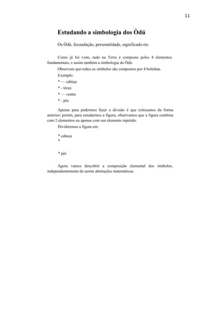 11
Estudando a simbologia dos Òdú
Os Òdú, fecundação, personalidade, significado etc.
Como já foi visto, tudo na Terra é composto pelos 4 elementos
fundamentais, e assim também a simbologia do Òdú.
Observem que todos os símbolos são compostos por 4 bolinhas.
Exemplo:
* — cabeça
* - tórax
* — ventre
* - pés
Apenas para podermos fazer a divisão é que colocamos da forma
anterior; porém, para estudarmos a figura, observamos que a figura combina
com 2 elementos ou apenas com um elemento repetido.
Dividiremos a figura em:
* cabeça
*
* pés
Agora vamos descobrir a composição elemental dos símbolos,
independentemente de serem abstrações matemáticas.
 