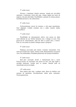 5
a
caída (casa):
Diversas e duradouras relações amorosas. Atração por ativi-dades
espirituais e intelectuais. Gosto pelo jogo. Amigos ligados por meios de
negócios, não pela afetividade. Possibilidade e gestação de crianças gémeas.
Facilidade persuasiva e de conhecimento.
6
a
caída (casa):
Profissionalmente, através de contratos, a vida segue naturalmente.
Fácil adaptação. Cuidado constante com a saúde; consulta médica
é aconselhável.
7° caída (casa):
Possibilidade de relacionamento afetivo com pessoa de idade
muito diferente da sua. Perfeita harmonia com o cônjuge ou sócio. Uma
pessoa de seu relacionamento, pode lhe abrir as portas para o exterior.
Êxito de um acordo ou contrato. Inimigos astutos e perigosos.
8
a
caída (casa):
Mudanças provocadas pelo destino. Contratos remunerados. Uma
morte provocando uma viagem. Ameaça oculta. Relacionamento com pessoa
viúva. Sua mediunidade e faculdades paranormais são heranças hereditárias.
9
a
caída (casa):
Bom para associação devido à harmonização com o social.
Possível sucesso em associação com pessoa de fora, com algo ligado à
atividade intelectual, vocação para os estudos. Intuição pode ser
intensificada através da religião.
10
a
caída (casa):
Bom aspecto para toda e qualquer união. Busca de dinheiro com
aumento de património. Reconhecimento obtido pelas realizações.
Pessoas gananciosas.
 