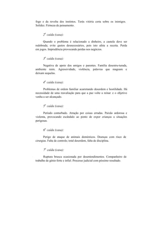 fogo e da revolta dos instintos. Terás vitória certa sobre os inimigos.
Solidez. Firmeza de pensamento.
2
a
caída (casa):
Quando o problema é relacionado a dinheiro, a cautela deve ser
redobrada; evite gastos desnecessários, pois isto afeta a receita. Perda
em jogos. Imprudência provocando perdas nos negócios.
3
a
caída (casa):
Negativa de apoio dos amigos e parentes. Família desestru-turada,
ambiente ruim. Agressividade, violência, palavras que magoam e
deixam sequelas.
4
a
caída (casa):
Problemas de ordem familiar acarretando desordem e hostilidade. Há
necessidade de uma reavaliação para que a paz volte a reinar e o objetivo
venha a ser alcançado.
5
a
caída (casa):
Período conturbado. Atração por coisas erradas. Paixão ardorosa e
violenta, provocando escândalo ao ponto de expor crianças a situações
perigosas.
6
a
caída (casa):
Perigo de ataque de animais domésticos. Doenças com risco de
cirurgias. Falta de controle; total desordem, falta de disciplina.
7
a
caída (casa):
Ruptura brusca ocasionada por desentendimentos. Companheiro de
trabalho de génio forte e infiel. Processo judicial com péssimo resultado.
 