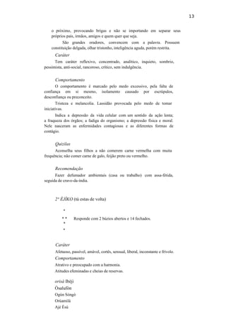13
o próximo, provocando brigas e não se importando em separar seus
próprios pais, irmãos, amigos e quem quer que seja.
São grandes oradores, convencem com a palavra. Possuem
constituição delgada, olhar tristonho, inteligência aguda, porém restrita.
Caráter
Tem caráter reflexivo, concentrado, analítico, inquieto, sombrio,
pessimista, anti-social, rancoroso, crítico, sem indulgência.
Comportamento
O comportamento é marcado pelo medo excessivo, pela falta de
confiança em si mesmo, isolamento causado por escrúpulos,
desconfiança ou preconceito.
Tristeza e melancolia. Lassidão provocada pelo medo de tomar
iniciativas.
Indica a depressão da vida celular com um sentido da ação lenta;
a fraqueza dos órgãos; a fadiga do organismo; a depressão física e moral.
Nele nasceram as enfermidades contagiosas e as diferentes formas de
contágio.
Quizilas
Aconselha seus filhos a não comerem carne vermelha com muita
frequência; não comer carne de galo, feijão preto ou vermelho.
Recomendação
Fazer defumador ambientais (casa ou trabalho) com assa-fétida,
seguida de cravo-da-índia.
2° ÈJÍKO (tú estas de volta)
*
* * Responde com 2 búzios abertos e 14 fechados.
*
*
Caráter
Afetuoso, passível, amável, cortês, sensual, liberal, inconstante e frívolo.
Comportamento
Atrativo e preocupado com a harmonia.
Atitudes efeminadas e cheias de reservas.
orisà Ibèji
Òsalufòn
Ogún Sóngò
Orúamilá
Ajé Èsú
 
