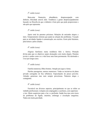 2
a
caída (casa):
Bem-estar financeiro, abundância, despreocupação com
dinheiro, felicidade através dele. Tendência a gastar despreocupadamente
baseado na filosofia de que o dinheiro é bom pelo que pode proporcionar e
não pelo que representa.
3
a
caída (casa):
Apoio total de parentes próximos. Relações de amizades alegres e
úteis. Temperamento otimista que ajuda na solução dos problemas. Vocação
para as atividades ligadas à comunicação, aos escritos. Gosto pela literatura,
pela leitura e pelos estudos.
4
a
caída (casa):
Alegrias familiares numa residência feliz e festiva. Proteção
divina para que os objetivos sejam alcançados com muita alegria. Parentes
joviais e unidos como se a vida fosse uma festa permanente. Pai destinado a
viver por longos anos.
5
a
caída (casa):
Família numerosa, filhos bonitos. Atração por jogos e festas.
Paixões passageiras, amores numerosos. Todas as iniciativas de plano
privado carregadas de boa influência. Especulações de pouco proveito.
Atitudes generosas mas nem sempre proveitosas. Natureza alegre e
contagiante.
6
a
caída (casa):
Favorável em diversos aspectos, principalmente no que se refere ao
trabalho profissional, à relação com empregados e auxiliares, com superiores
e tios. Muito auspicioso para o lar e a profissão. Saúde boa mas com riscos
de problemas de fígado, intestino, estômago e circulação sanguínea.
Nada com muita gravidade.
 