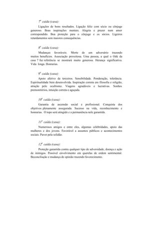 7
a
caída (casa):
Ligações de bons resultados. Ligação feliz com sócio ou cônjuge
generoso. Boas inspirações mentais. Alegria e prazer num amor
correspondido. Boa proteção para o cônjuge e os sócios. Ligeiros
retardamentos sem maiores consequências.
8
a
caída (casa):
Mudanças favoráveis. Morte de um adversário trazendo
muitos benefícios. Associação proveitosa. Uma pessoa, a qual o Odú da
casa 7 faz referência se mostrará muito generosa. Herança significativa.
Vida longa. Honrarias.
9
a
caída (casa):
Apoio afetivo de terceiros. Sensibilidade. Ponderação, tolerância.
Espiritualidade bem desenvolvida. Inspiração correta em filosofia e religião,
atração pelo ocultismo. Viagens agradáveis e lucrativas. Sonhos
premonitórios, intuição correta e aguçada.
10
a
caída (casa):
Garantia de ascensão social e profissional. Conquista dos
objetivos plenamente assegurada. Sucesso na vida, reconhecimento e
honrarias. O topo será atingido e a permanência nele garantida.
11
a
caída (casa):
Numerosos amigos e entre eles, algumas celebridades, apoio das
mulheres e dos jovens. Favorável a assuntos públicos e acontecimentos
sociais. Pavor pela solidão.
12
a
caída (casa):
Proteção garantida contra qualquer tipo de adversidade, doença e ação
de inimigos. Possível envolvimento em querelas de ordem sentimental.
Beconciliação e mudança de opinião trazendo favorecimento.
 