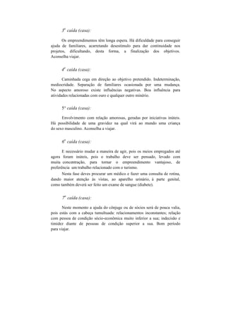 3
a
caída (casa):
Os empreendimentos têm longa espera. Há dificuldade para conseguir
ajuda de familiares, acarretando desestímulo para dar continuidade nos
projetos, dificultando, desta forma, a finalização dos objetivos.
Aconselha viajar.
4
a
caída (casa):
Caminhada cega em direção ao objetivo pretendido. Indeterminação,
mediocridade. Separação de familiares ocasionada por uma mudança.
No aspecto amoroso existe influências negativas. Boa influência para
atividades relacionadas com ouro e qualquer outro minério.
5° caída (casa):
Envolvimento com relação amorosas, geradas por iniciativas inúteis.
Há possibilidade de uma gravidez na qual virá ao mundo uma criança
do sexo masculino. Aconselha a viajar.
6
a
caída (casa):
E necessário mudar a maneira de agir, pois os meios empregados até
agora foram inúteis, pois o trabalho deve ser pensado, levado com
muita concentração, para tornar o empreendimento vantajoso, de
preferência um trabalho relacionado com o turismo.
Nesta fase deves procurar um médico e fazer uma consulta de rotina,
dando maior atenção às vistas, ao aparelho urinário, à parte genital,
como também deverá ser feito um exame de sangue (diabete).
7
a
caída (casa):
Neste momento a ajuda do cônjuge ou de sócios será de pouca valia,
pois estás com a cabeça tumultuada: relacionamentos inconstantes; relação
com pessoa de condição sócio-econômica muito inferior a sua; indecisão e
timidez diante de pessoas de condição superior a sua. Bom período
para viajar.
 