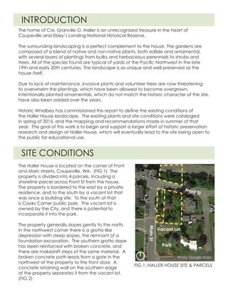 INTRODUCTION
SITE CONDITIONS
The home of Col. Granville O. Haller is an unrecognized treasure in the heart of
Coupeville and Ebey’s Landing National Historical Reserve.
The surrounding landscaping is a perfect complement to the house. The gardens are
composed of a blend of native and non-native plants, both edible and ornamental,
with several layers of plantings from bulbs and herbaceous perennials to shrubs and
trees. All of the species found are typical of yards of the Pacific Northwest in the late
19th and early 20th centuries. The landscape is as unique and well-preserved as the
house itself.
Due to lack of maintenance, invasive plants and volunteer trees are now threatening
to overwhelm the plantings, which have been allowed to become overgrown.
Intentionally planted ornamentals, which do not match the historic character of the site,
have also been added over the years.
Historic Whidbey has commissioned this report to define the existing conditions of
the Haller House landscape. The existing plants and site conditions were cataloged
in spring of 2015, and the mapping and recommendations made in summer of that
year. The goal of this work is to begin and support a larger effort of historic preservation
research and design at Haller House, which will eventually lead to the site being open to
the public for educational use.
The Haller House is located on the corner of Front
and Main streets, Coupeville, WA. (FIG 1) The
property is divided into 4 parcels, including a
shoreline parcel across Front St from the house.
The property is bordered to the east by a private
residence, and to the south by a vacant lot that
was once a building site. To the south of that
is Cooks Corner public park. The vacant lot is
owned by the City, and there is potential to
incorporate it into the park.
The property generally slopes gently to the north.
In the northwest corner there is a grotto-like
depression with steep slopes, the remnant of a
foundation excavation. The southern grotto slope
has been reinforced with broken concrete, and
there are makeshift steps of the same material. A
broken concrete path leads from a gate in the
northwest of the property to the front door. A
concrete retaining wall on the southern edge
of the property separates it from the vacant lot.
(FIG 2)
FIG 1: HALLER HOUSE SITE & PARCELS
Front St
Vacant Lot
Park
MainSt
Photo: Google Maps
 