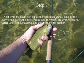 Step 7    Next wrap the hackle on top of the yarn like a candy cane all the way to the eye of the hook. Make sure the wraps are evenly spaced. After you tie the end down and cut off the extra feather. 