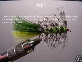 Step 3    Now cut off some strands of feather near the top of the feather with the scissors that come in the fly tying kit. Next, tie the feathers down on top of the hook. 