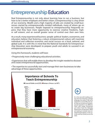 3
EntrepreneurshipEducation
upliftmultimedia.org
Real Entrepreneurship is not only about learning how to run a business, but
how to be a better employee and better citizen. Entrepreneurship is a key driver
of our economy. Wealth and a high majority of jobs are created by small busi-
nesses started by entrepreneurially minded individuals, many of whom go on
to create big businesses. People exposed to entrepreneurship frequently ex-
press that they have more opportunity to exercise creative freedoms, high-
er self esteem, and an overall greater sense of control over their own lives.
As a result, many experienced business people political leaders, economists, and
educators believe that fostering a robust entrepreneurial culture will maximize
individual and collective economic and social success on a local, national, and
global scale. It is with this in mind that the National Standards for Entrepreneur-
ship Education were developed: to prepare youth and adults to succeed in an
entrepreneurial economy.
Using this framework, students will have:
• Progressively more challenging educational activities.
• Experiences that will enable them to develop the insight needed to discover
and create entrepreneurial opportunities.
• The expertise to successfully start and manage their own businesses to take
advantage of these opportunities.
As is the case with reading, writ-
ing and even learning a foreign
language, the earlier in life we’re
exposed to crucial skills, the eas-
ier they are to pick up. Entrepre-
neurial expertise is no different.
That’s why Gregg Christensen
and others from the Nebraska
Department of Education (NDE)
are seeking to include more en-
trepreneurial options in the cur-
ricula used by schools across the
state.
 